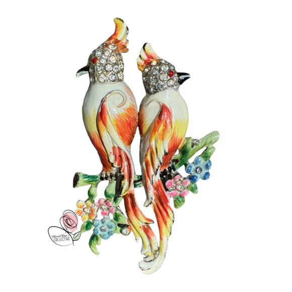 Vintage Coro Duette Brooch Pin Enameled Parrots & Rhinestones 1940s Jewelry - Picture 7 of 7